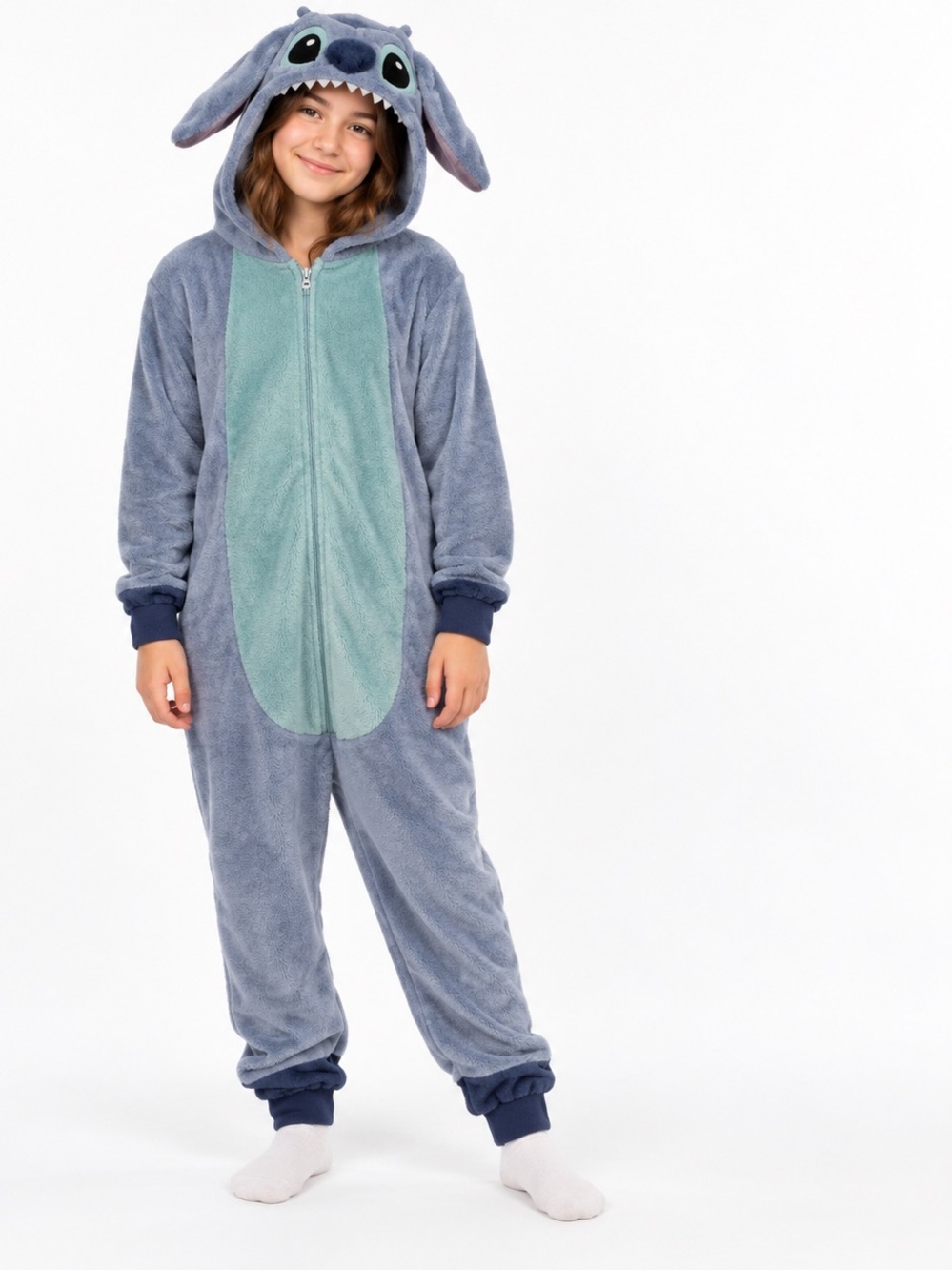 Stitch Hooded Fleece Onesie Blue Zip-Up Pajamas Costume Youth 13 / 14 years